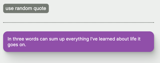 UI with a button to generate a random quote. A quote with purple background and white text is shown beneath the button.
