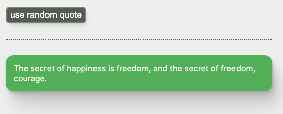 UI with a button to generate a random quote. A quote with green background and white text is shown beneath the button.