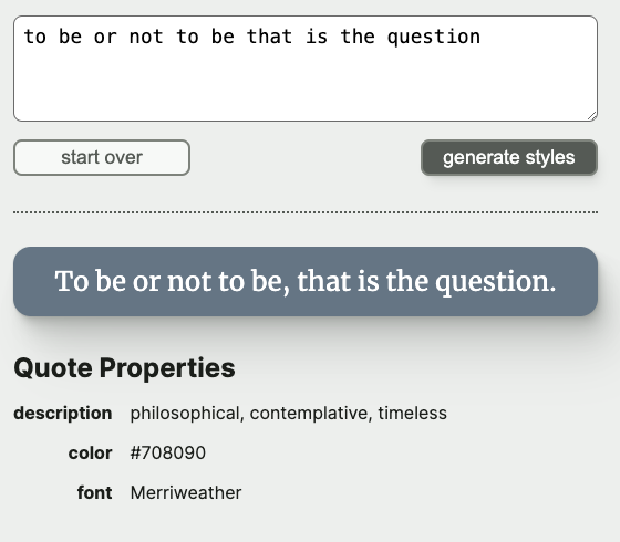 UI with options to enter a quote, submit the quote, or start over. A styled quote is shown beneath the form.