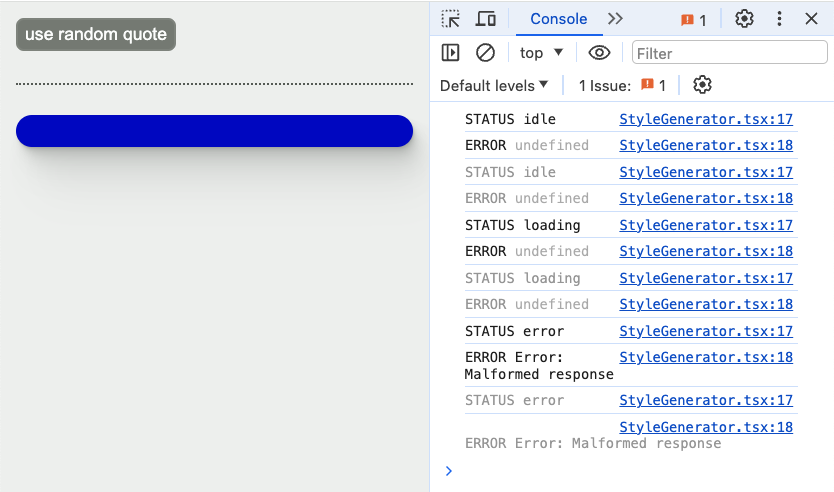 UI with a 'use random quote' button, a horizontal dotted line, and a blue card with no text. The browser console is open and showing 'STATUS idle'/'ERROR: undefined' then 'STATUS loading'/'ERROR: undefined', and finally 'STATUS error'/'ERROR: Malformed response'.