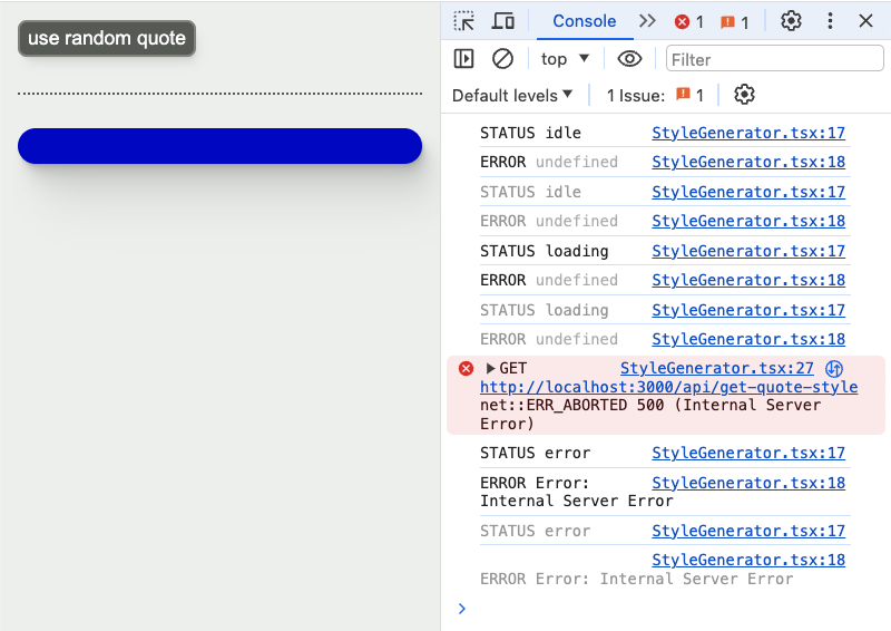 UI with a 'use random quote' button, a horizontal dotted line, and a blue card with no text. The browser console is open and showing 'STATUS idle'/'ERROR: undefined' then 'STATUS loading'/'ERROR: undefined', and finally 'STATUS error'/'ERROR: Internal Server Error'.