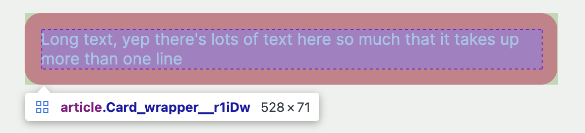 Browser dev tools highlighting that a text node with long text contents that takes up multiple lines in its container. The box around the text node is the same as the width of the container, minus padding