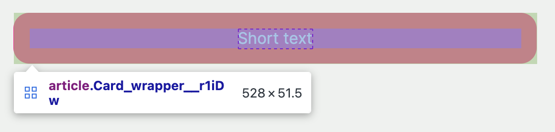 Browser dev tools highlighting that a text node with contents 'Short text' does not take up the entire width of its container