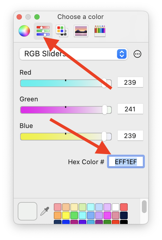 An HTML color picker with the hex color 'eff1ef' entered