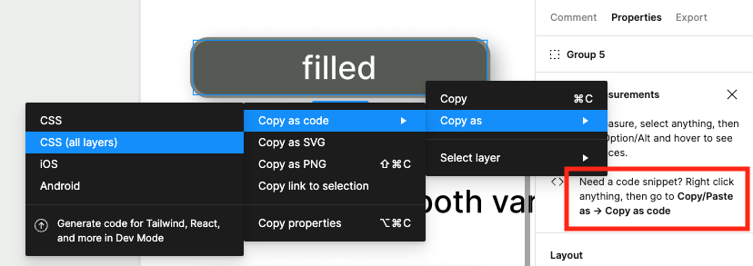 Multi-level contextual menu selected for Figma element. The contextual menu selections read, level 1: Copy as, level 2: Copy as code, level 3: CSS (all layers)