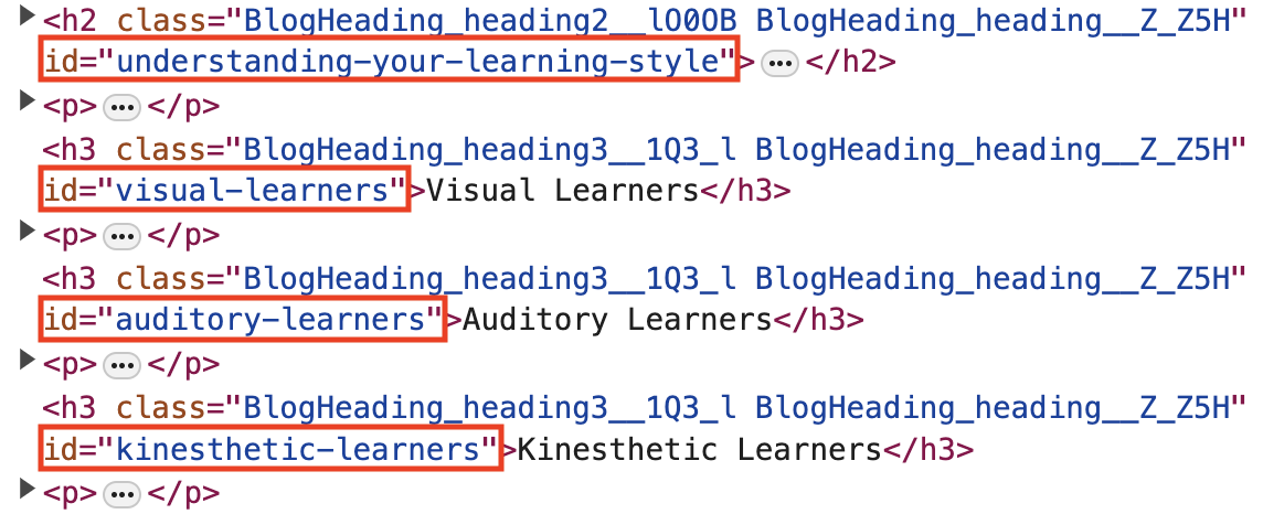 browser developer tools showing a heading element with an id of 'understanding-your-learning-style'