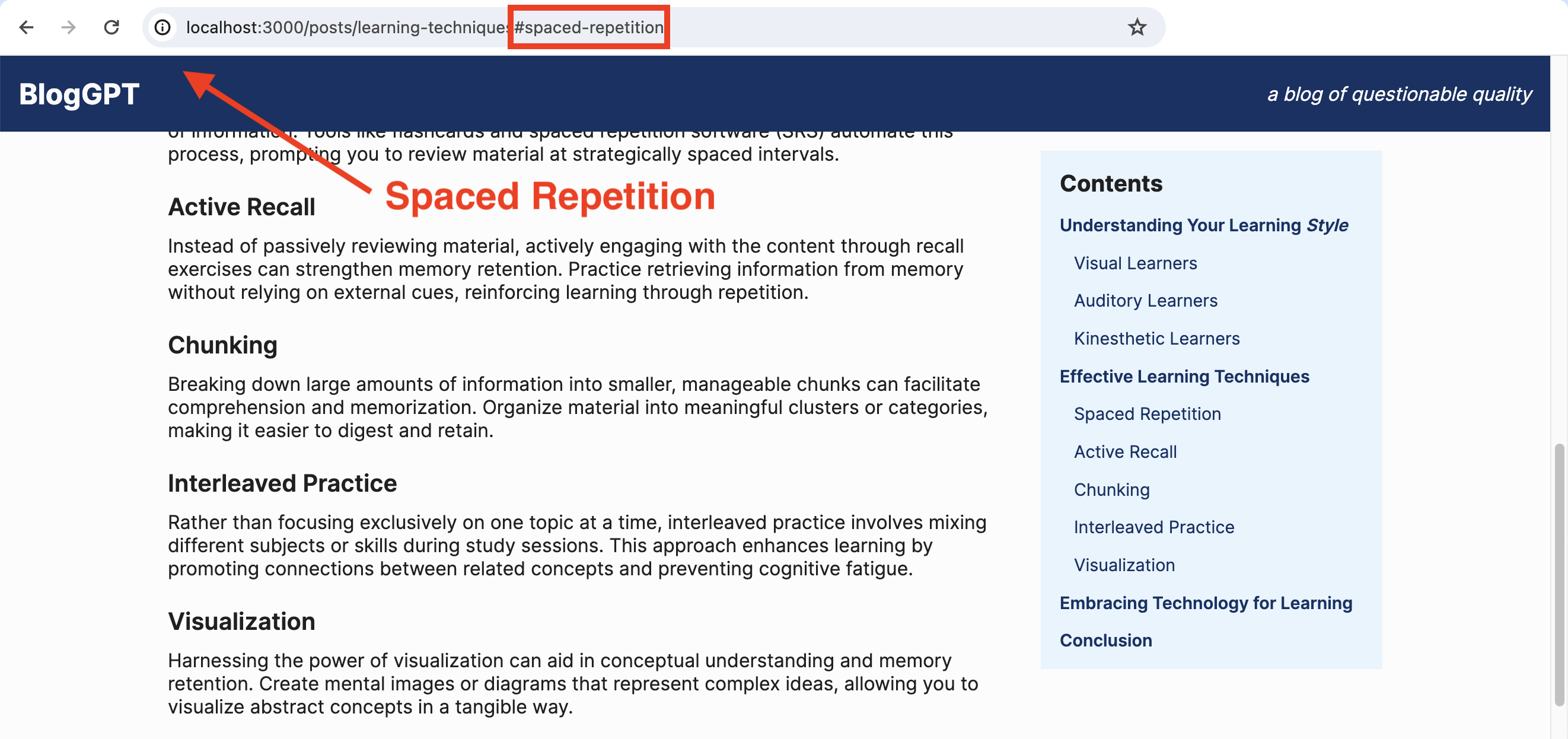 URL ending with '#spaced-repetition', with the 'Spaced Repetition' header at the top of the page. The header is hidden behind the heading, which is also at the top of the page.