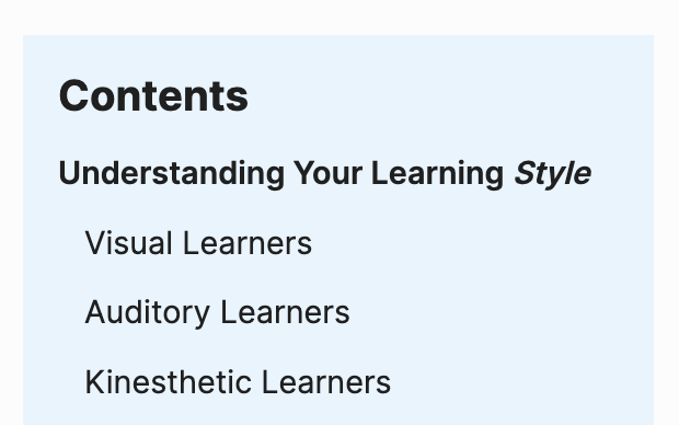 table of contents showing the word 'style' italicized in the first heading